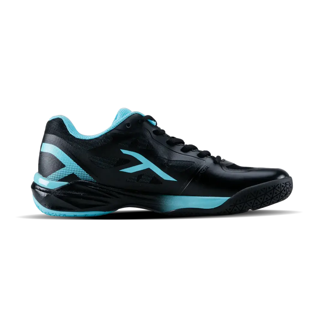 HUNDRED Phenom Badminton Shoes in black synthetic material with aqua blue accents and angular side branding