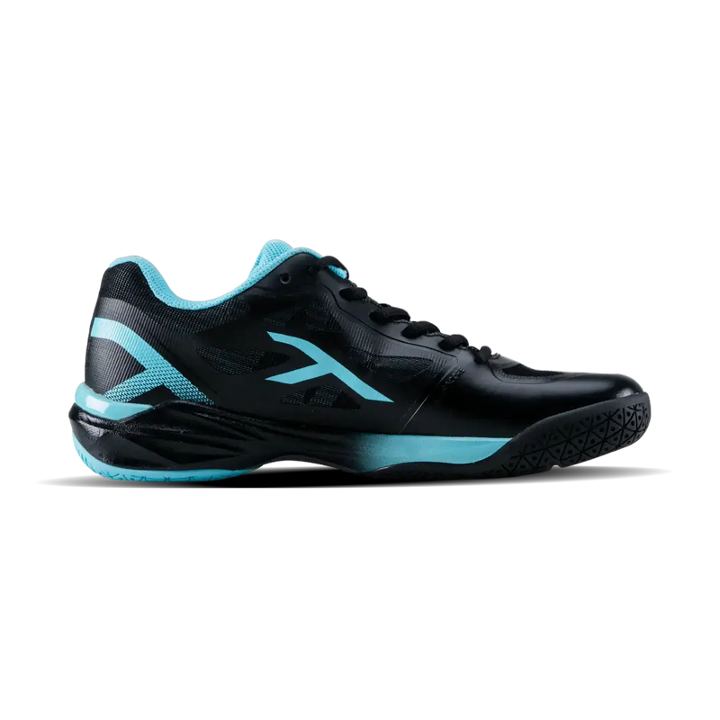 HUNDRED Phenom Badminton Shoes in black synthetic material with aqua blue accents and angular side branding