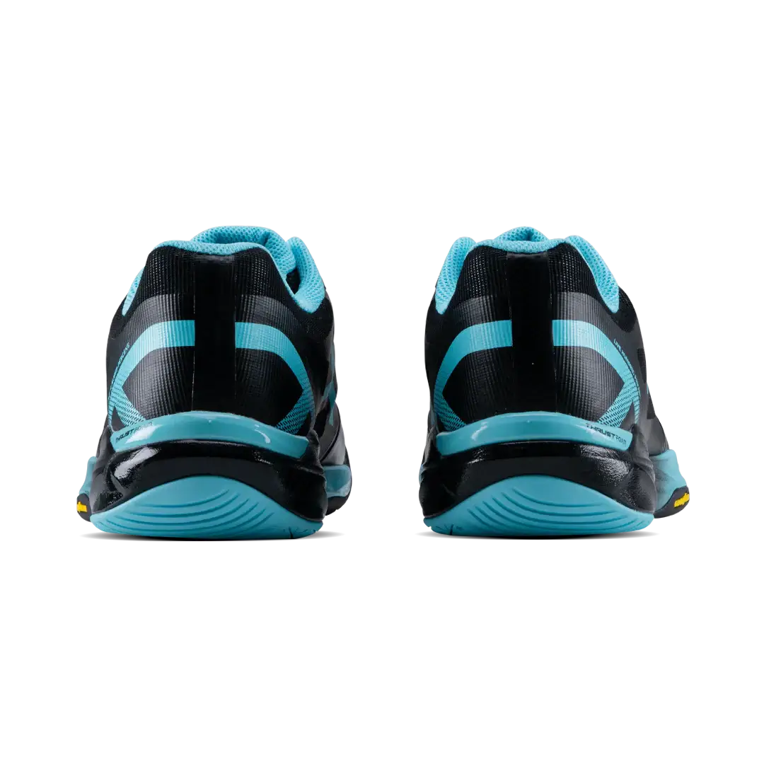 HUNDRED Phenom Badminton Shoes in black with aqua blue accents, textured mesh panels and curved heel bands, shown from behind.