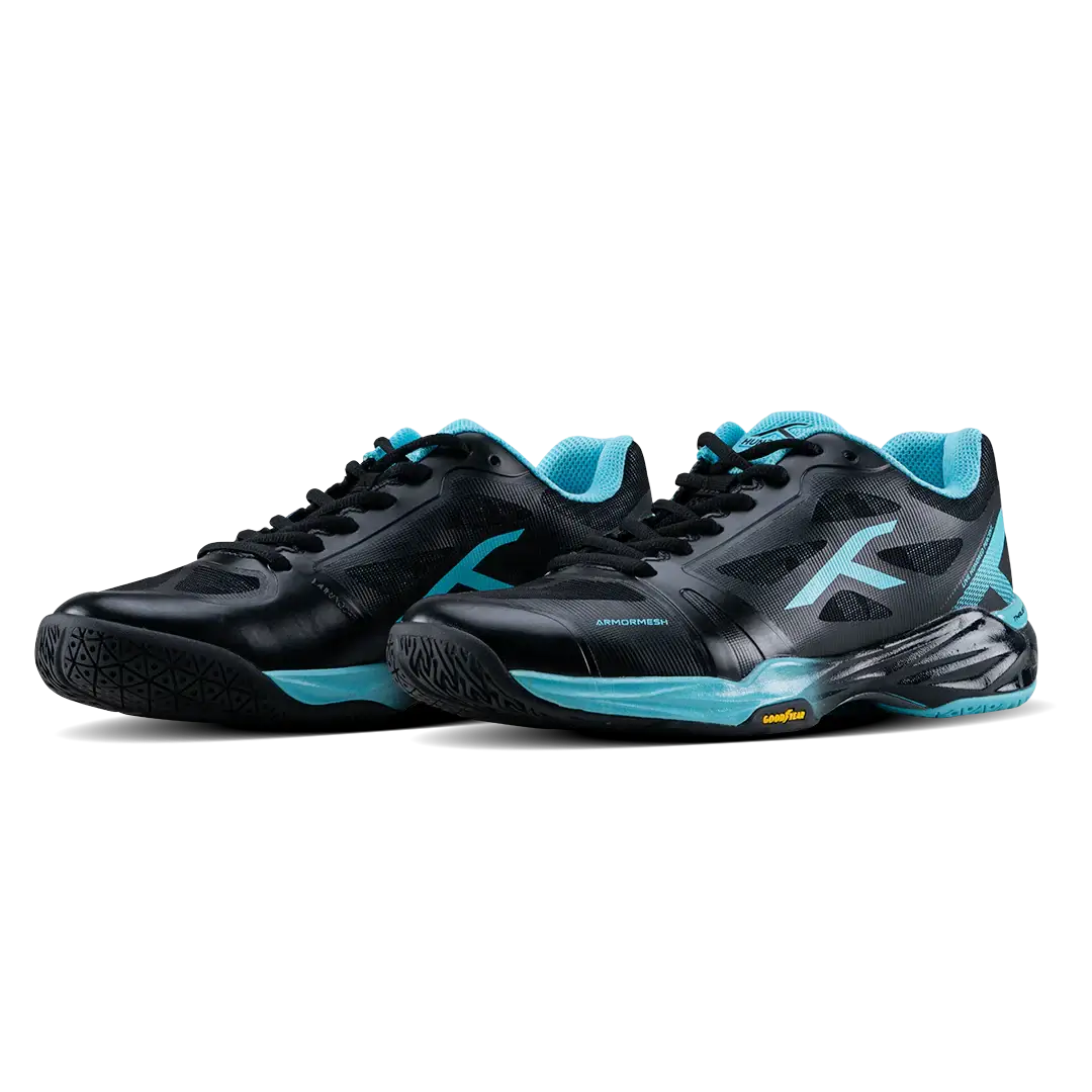 HUNDRED Phenom Badminton Shoes in black with aqua blue accents, mesh panels, synthetic uppers and textured rubber soles