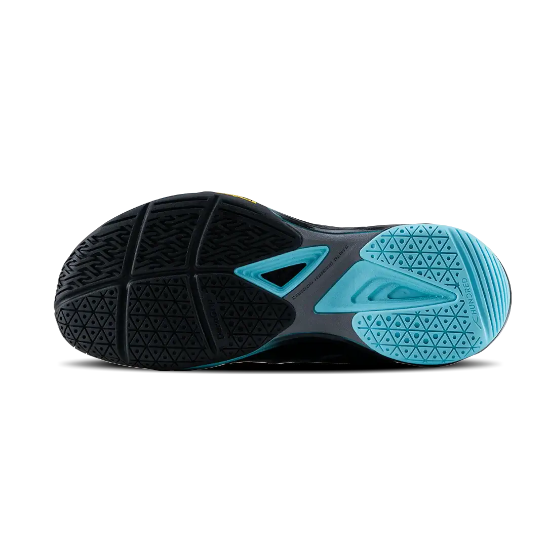 HUNDRED Phenom Badminton Shoes with a black rubber outsole, aqua blue traction zones, and geometric tread pattern.
