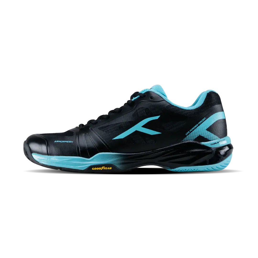 HUNDRED Phenom Badminton Shoes in black with aqua blue accents, textured synthetic upper, and a Goodyear rubber outsole.