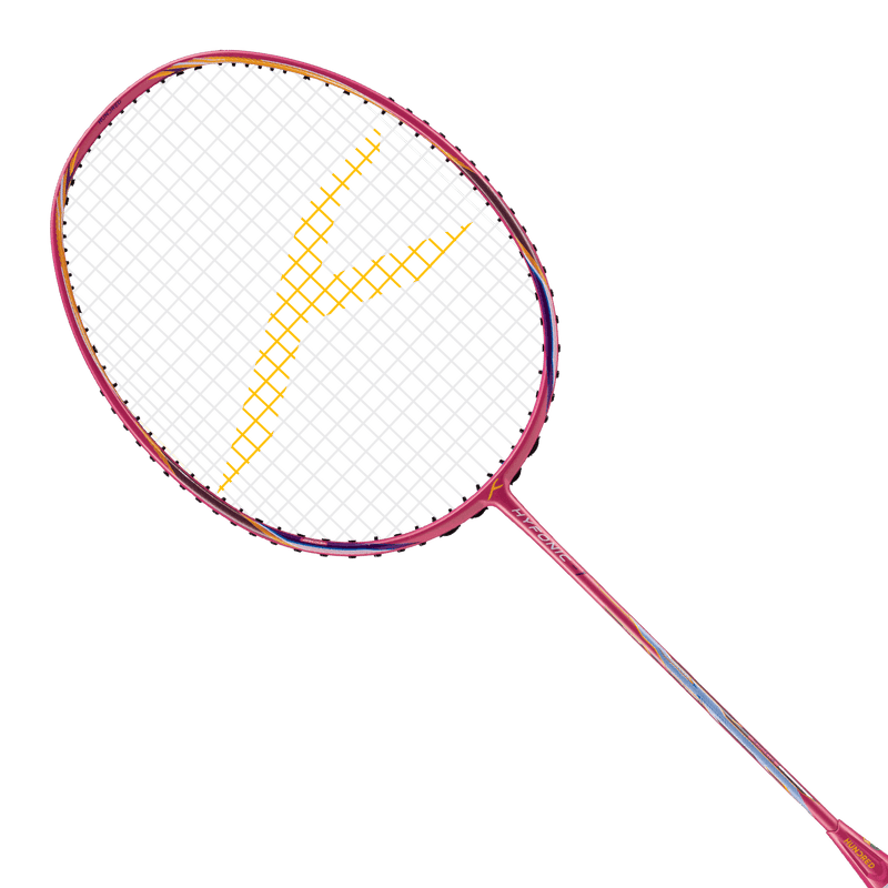 HUNDRED Hyfonic 1 badminton racket with a pink frame, dark stringing, yellow lightning-bolt design and slim shaft.