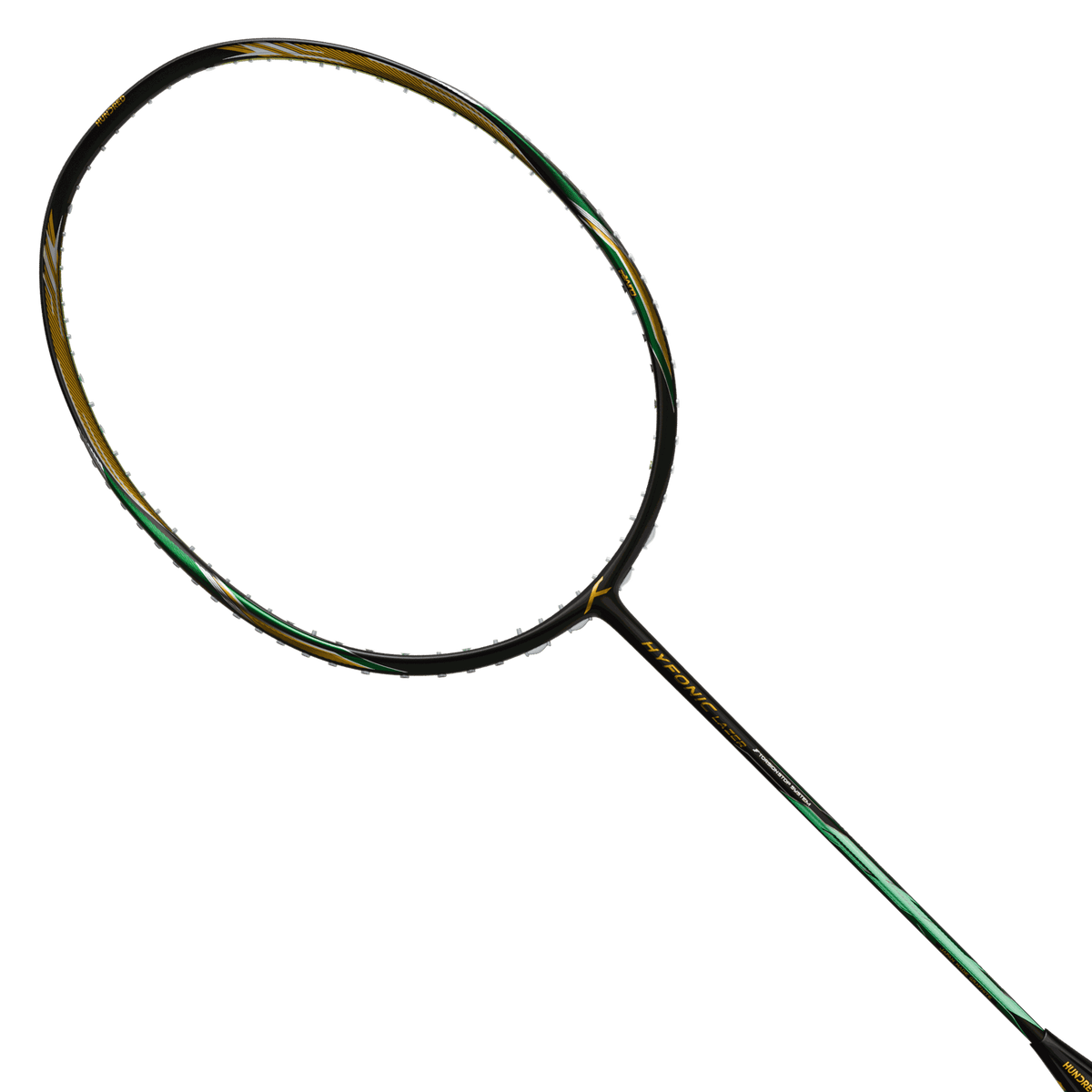 HUNDRED Hyfonic Lazer badminton racket with a black frame, green accents and pre-strung oval head.