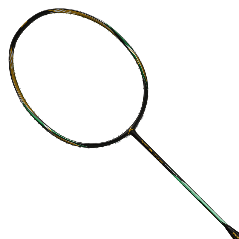 HUNDRED Hyfonic Lazer badminton racket with a black frame, green accents and pre-strung oval head.