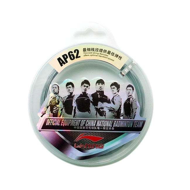 Li-Ning Accupower 62 Silver badminton string in a clear round spool package with AP62 branding and team graphics
