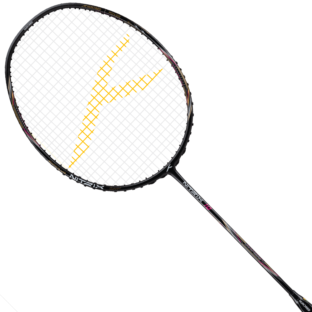 HUNDRED Nitrix 10 badminton racket in black with a fine-stringed head and bold yellow angular graphic detail.