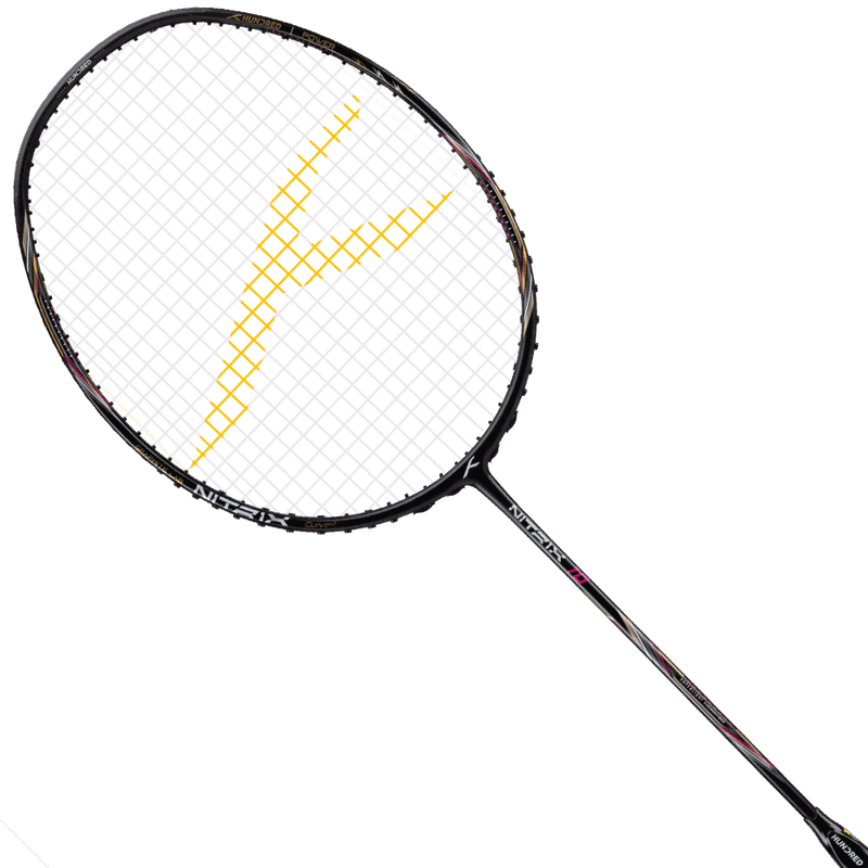 HUNDRED Nitrix 10 badminton racket in black with a fine-stringed head and bold yellow angular graphic detail.