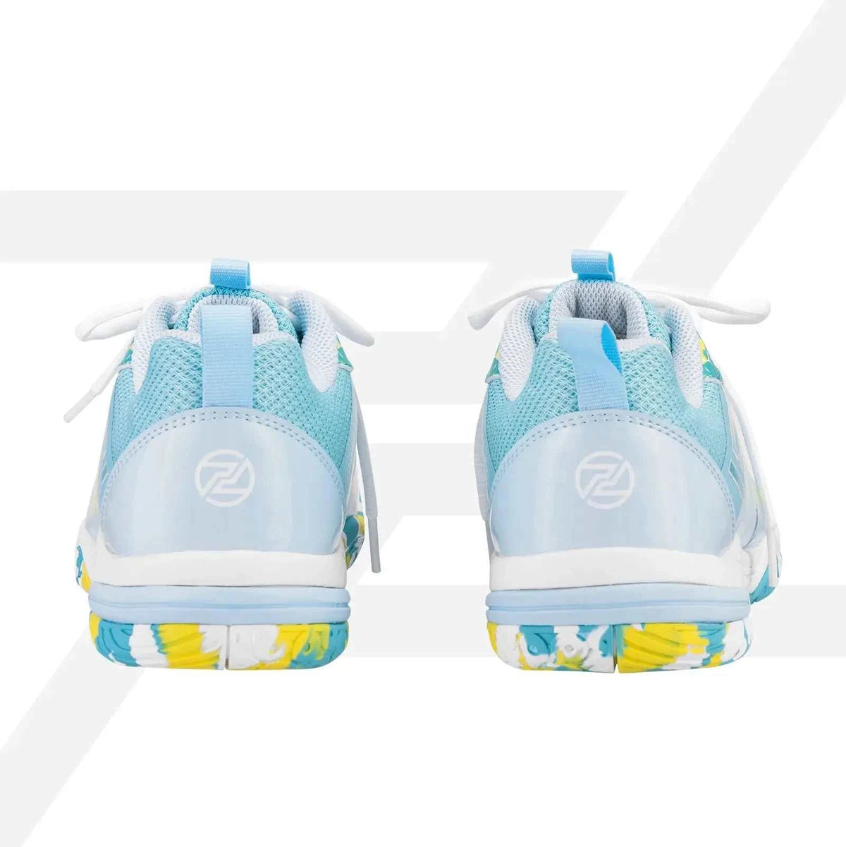 PROTECH ASTON 2.0 Badminton Shoes with pale blue mesh heels, white accents and yellow, blue patterned outsoles