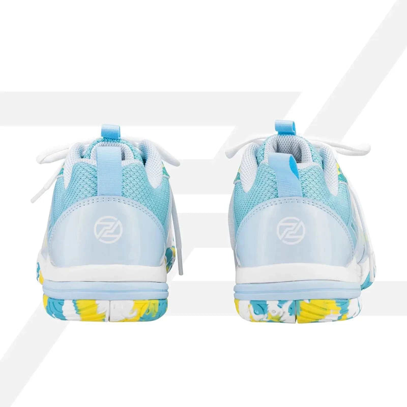PROTECH ASTON 2.0 Badminton Shoes with pale blue mesh heels, white accents and yellow, blue patterned outsoles