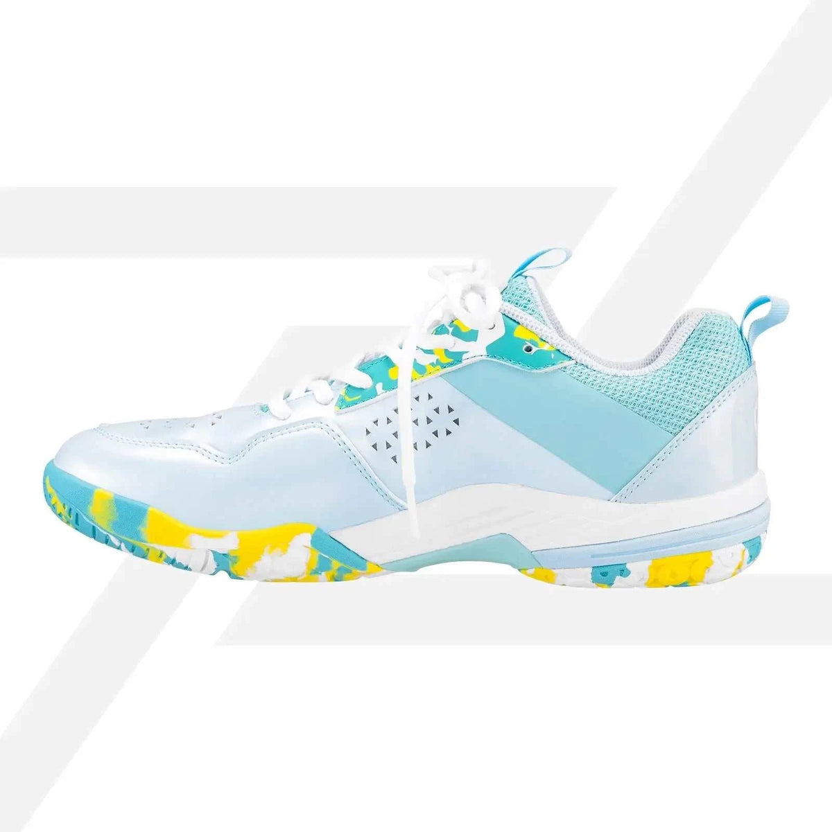 PROTECH ASTON 2.0 Badminton Shoes in pale blue and white, with mesh panels and a turquoise-yellow patterned sole