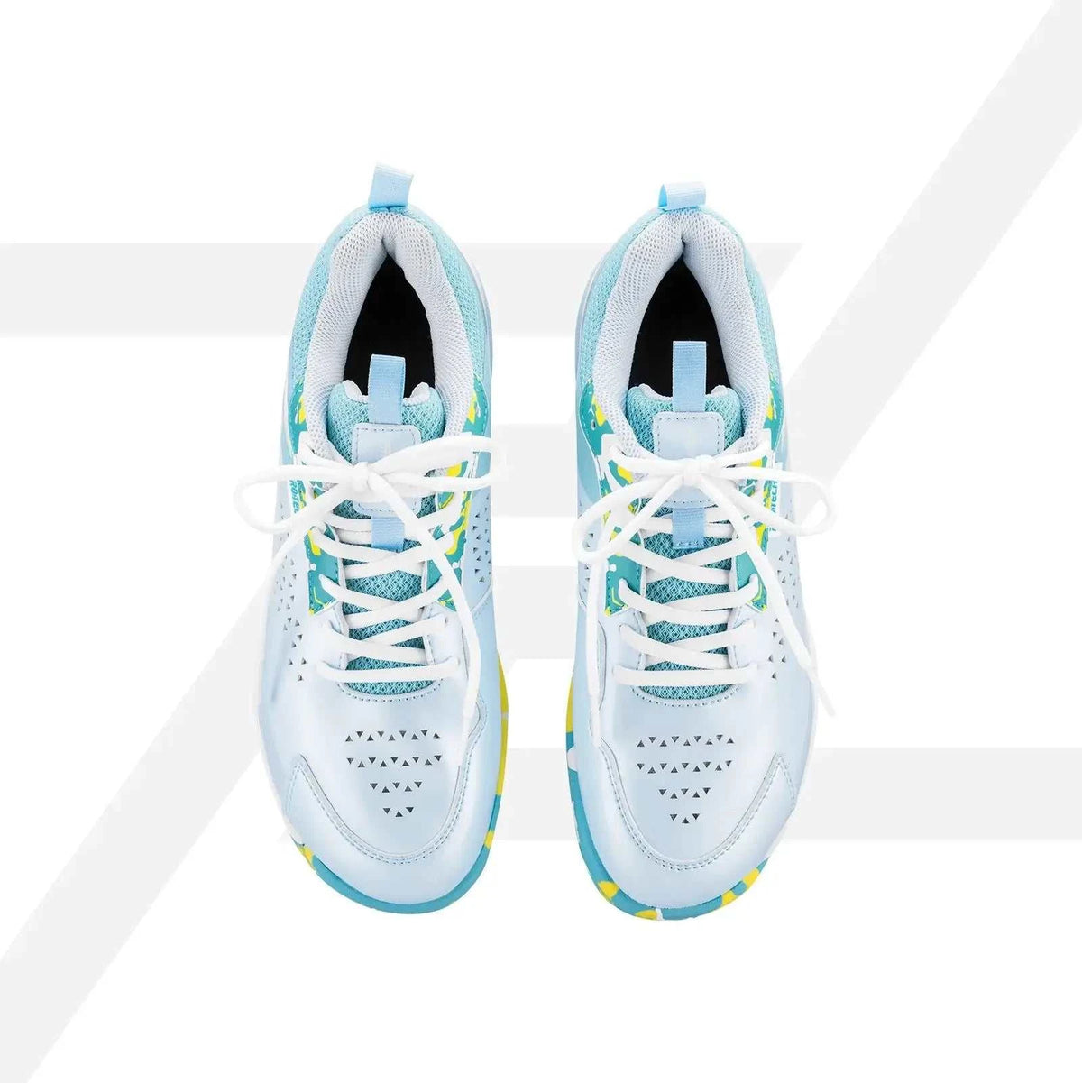 PROTECH ASTON 2.0 Badminton Shoes in white with pale blue mesh panels, yellow accents, and perforated toes