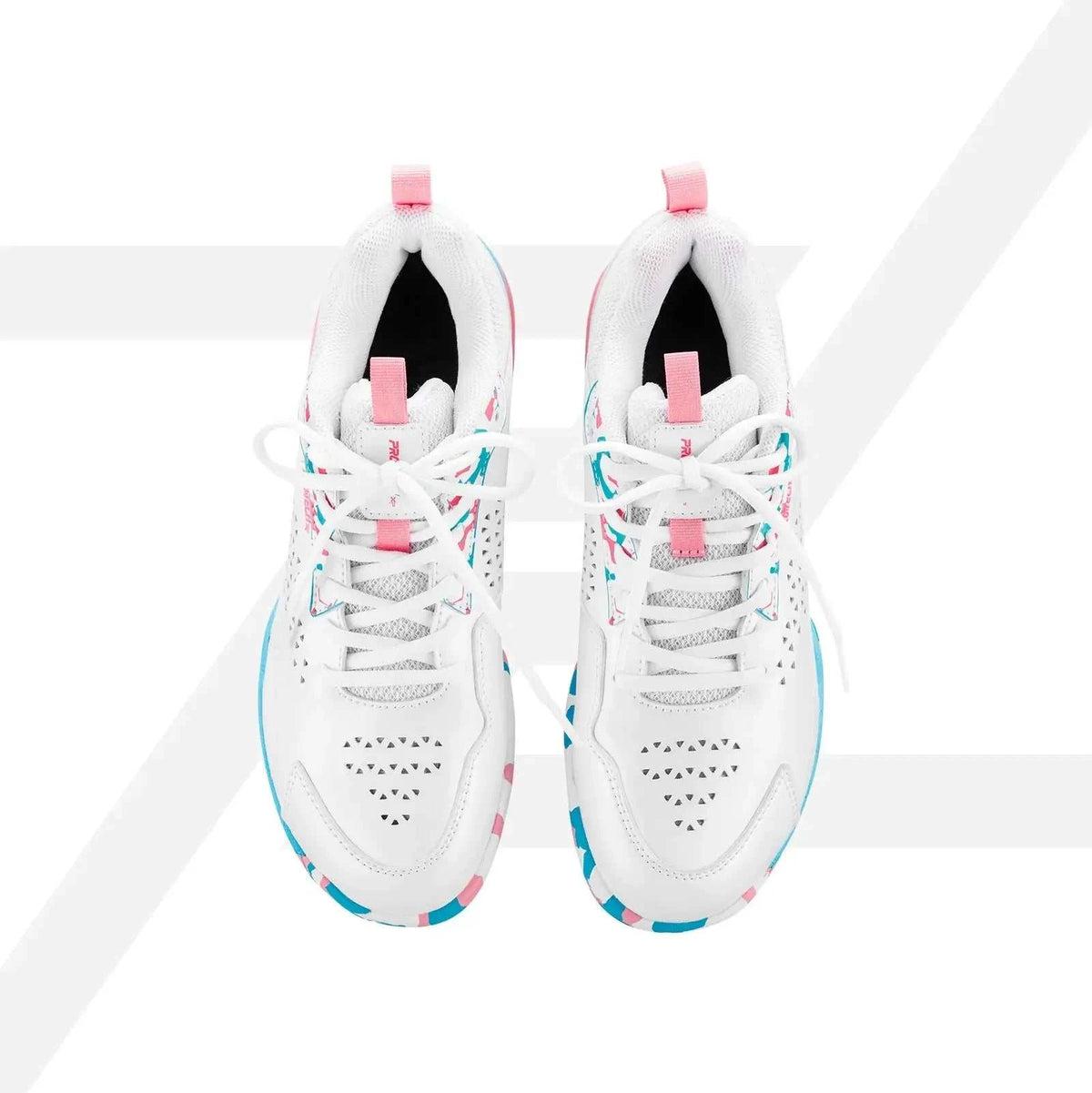 PROTECH ASTON 2.0 Badminton Shoes in white mesh with pink accents, turquoise sole details, and perforated toe panels