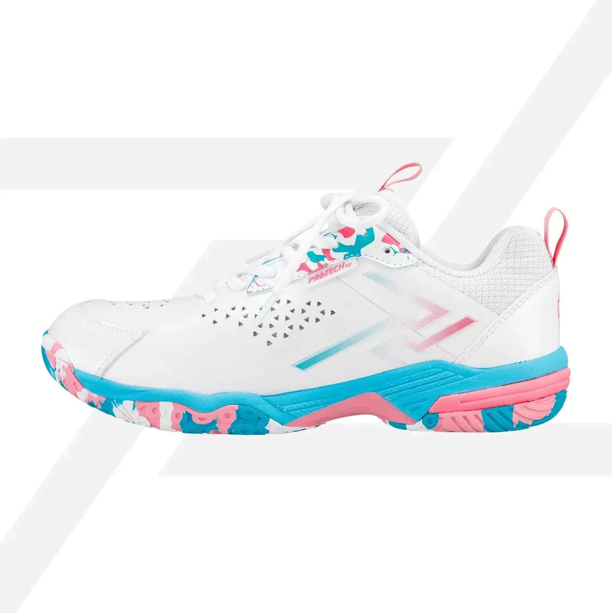 PROTECH ASTON 2.0 Badminton Shoes in white mesh with pink and turquoise accents, patterned sole and heel pull tab