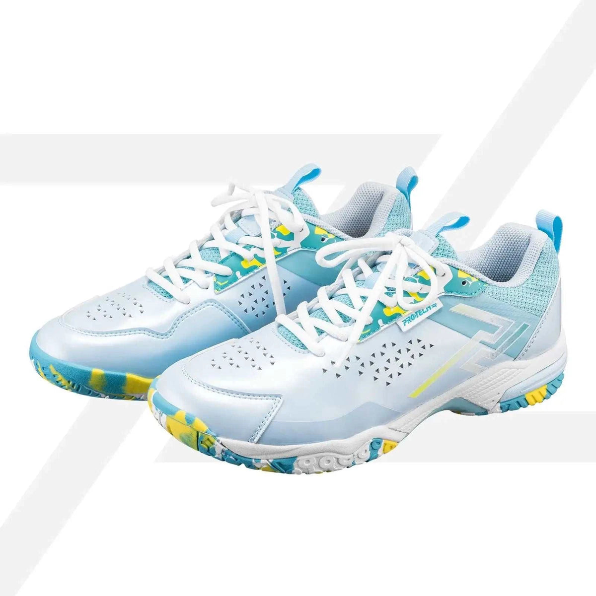 PROTECH ASTON 2.0 Badminton Shoes in white and pale blue synthetic material, with geometric perforations and yellow-green accents