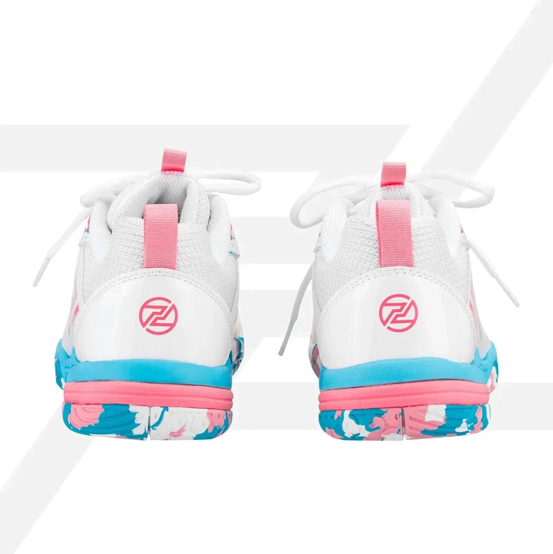 PROTECH ASTON 2.0 Badminton Shoes in white mesh with bright pink heel tabs and turquoise pink patterned soles