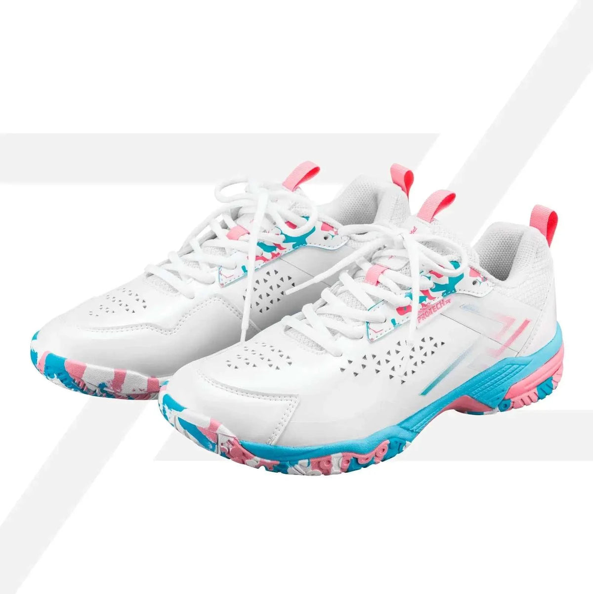 PROTECH ASTON 2.0 Badminton Shoes in white with breathable perforated uppers, turquoise and pink accents, and grippy soles