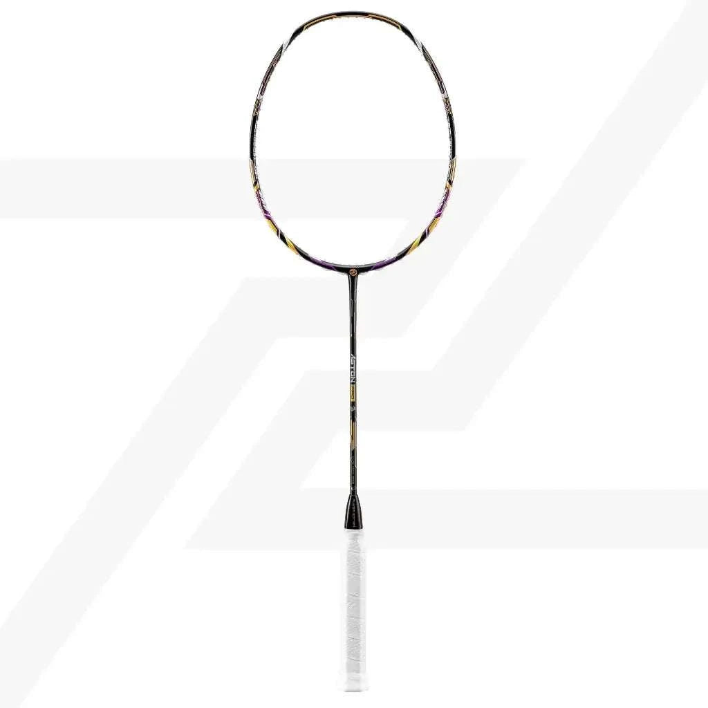 PROTECH ASTON PRO badminton racket with a slim black graphite frame, multicolour accents and a white wrapped handle