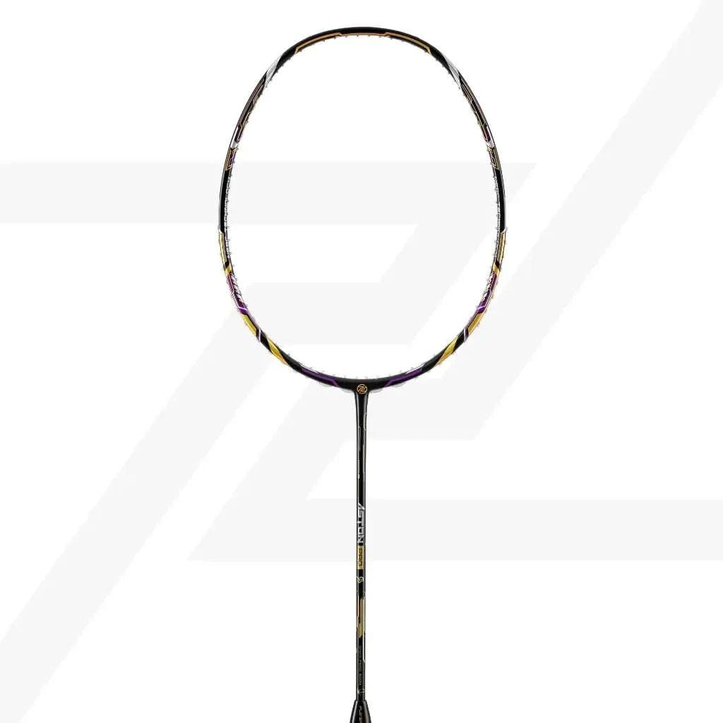 PROTECH ASTON PRO badminton racket with a black graphite frame, subtle gold and purple accents, and slim shaft