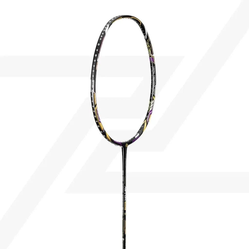 PROTECH ASTON PRO badminton racket with a black graphite frame, gold and purple accents, slim shaft and oval head