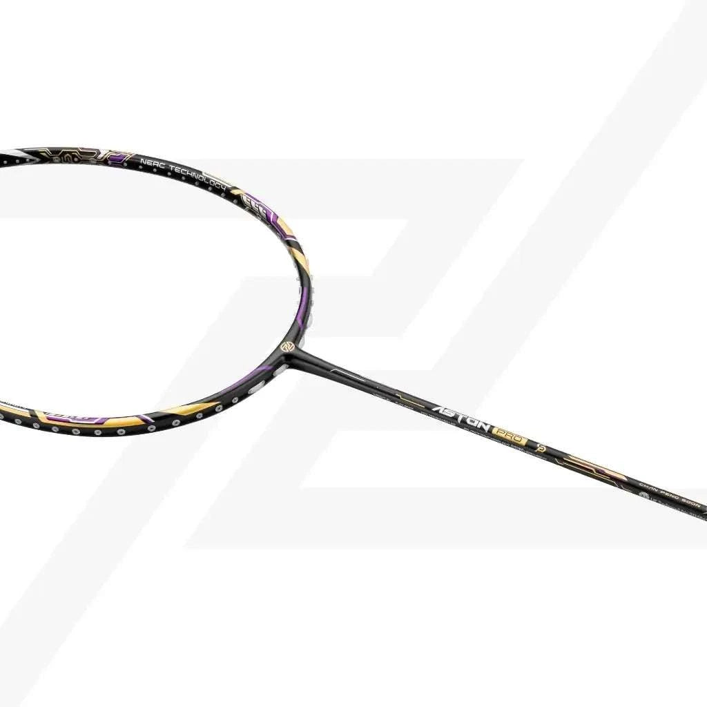 PROTECH ASTON PRO badminton racket with a black graphite frame, purple and gold accents, and a slim shaft