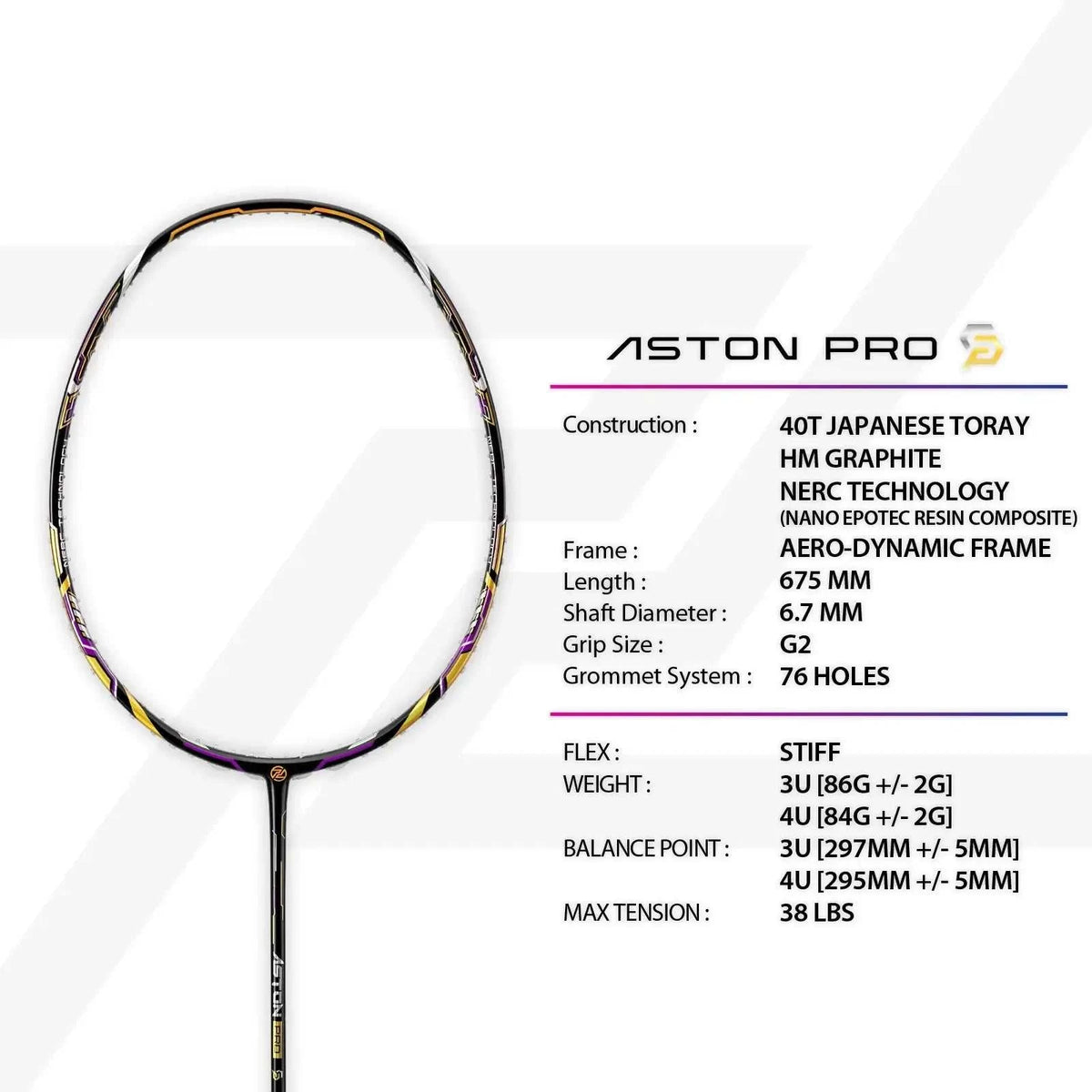 PROTECH ASTON PRO badminton racket with a black and silver graphite frame, yellow accents and slim shaft