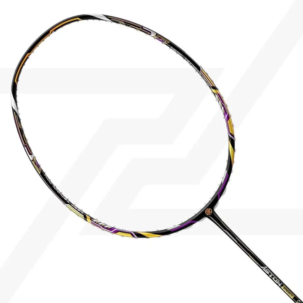 PROTECH ASTON PRO badminton racket with a black graphite frame accented in yellow and purple, featuring a slim shaft.