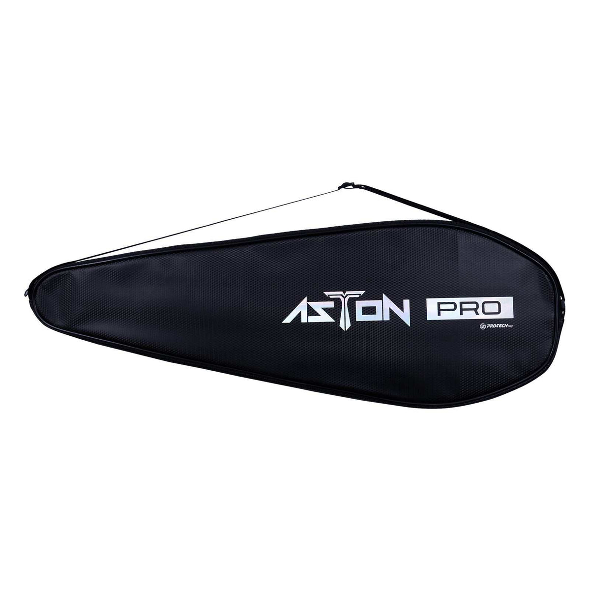 PROTECH Aston Pro V2 Badminton Racket with a black racket cover, featuring a zip closure and white Aston Pro logo