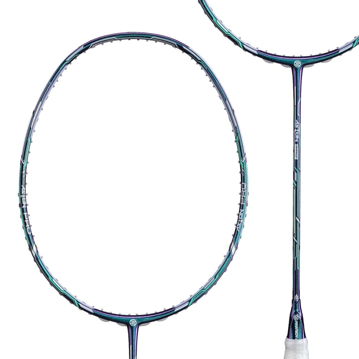PROTECH Aston Pro V2 Badminton Racket with a slim oval frame in black, teal and purple, shown from two angles