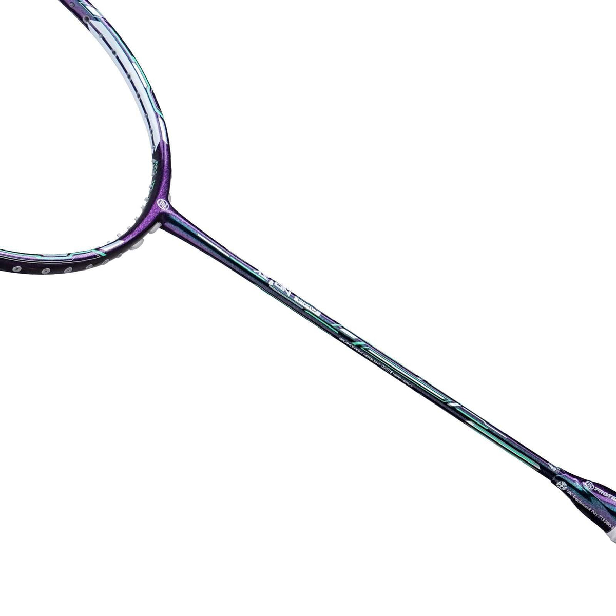 PROTECH Aston Pro V2 Badminton Racket with a slim graphite shaft and purple, blue and black frame detailing