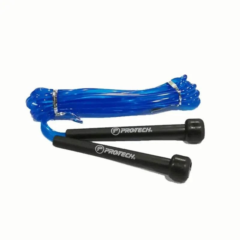 PROTECH Colorful Adjustable Speed Rope with a bright blue PVC cable and two black branded handles