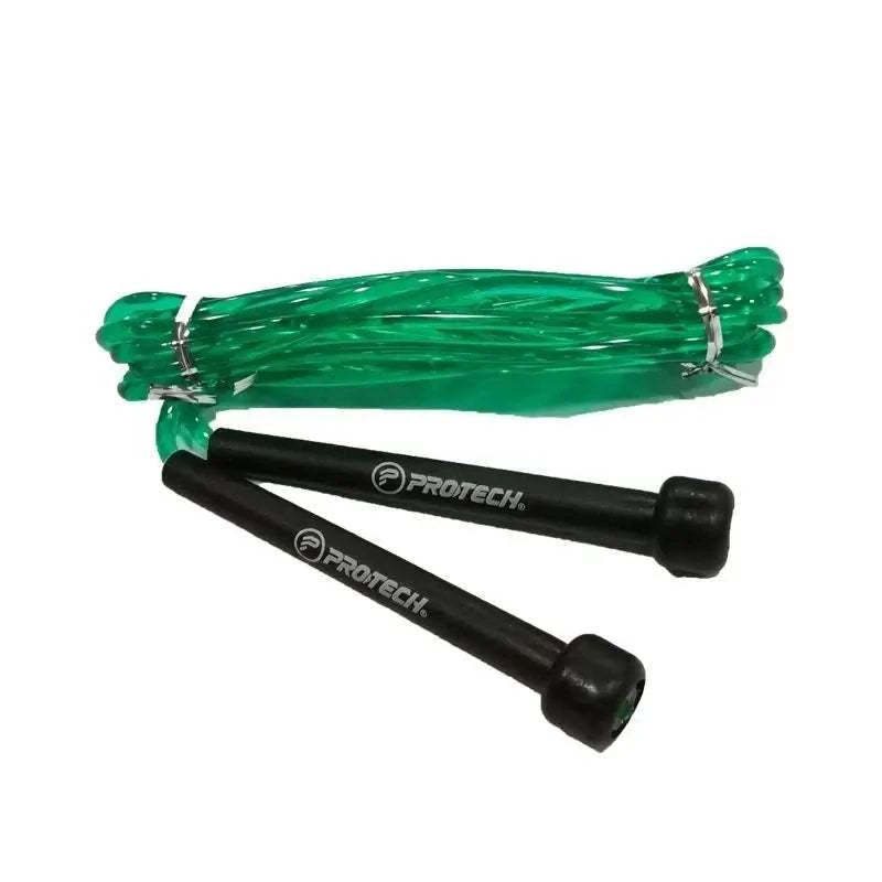 PROTECH Colorful Adjustable Speed Rope with a translucent green PVC cord and black branded handles