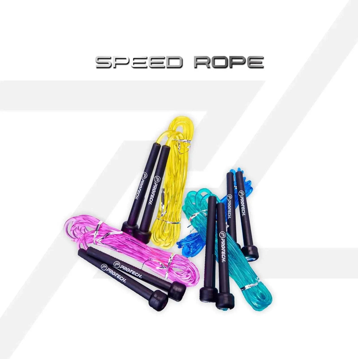 PROTECH Colorful Adjustable Speed Rope set with black handles and coiled pink, yellow, turquoise and blue ropes