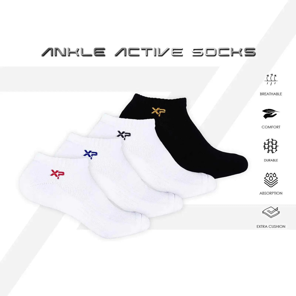 PROTECH Cotton Ankle sport socks in black and white with red, blue, black, and yellow logos and cushioned soles