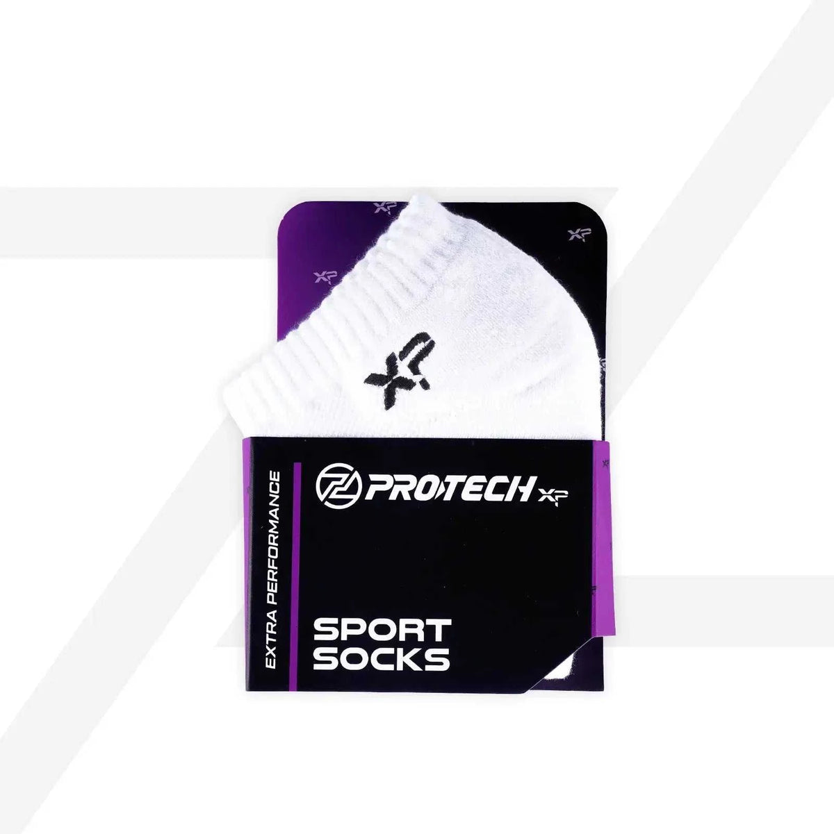 PROTECH Cotton Ankle sport sock in white cotton with a black logo and ribbed cuff, folded in branded packaging.