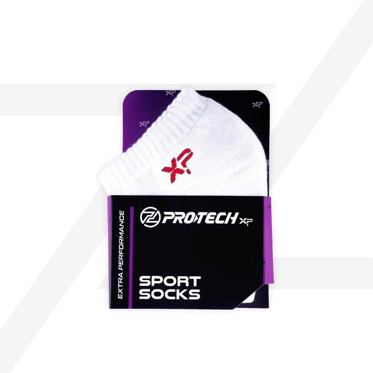 PROTECH Cotton Ankle sport sock in white knit fabric with a ribbed cuff and red embroidered logo, packaged with a black and purple label