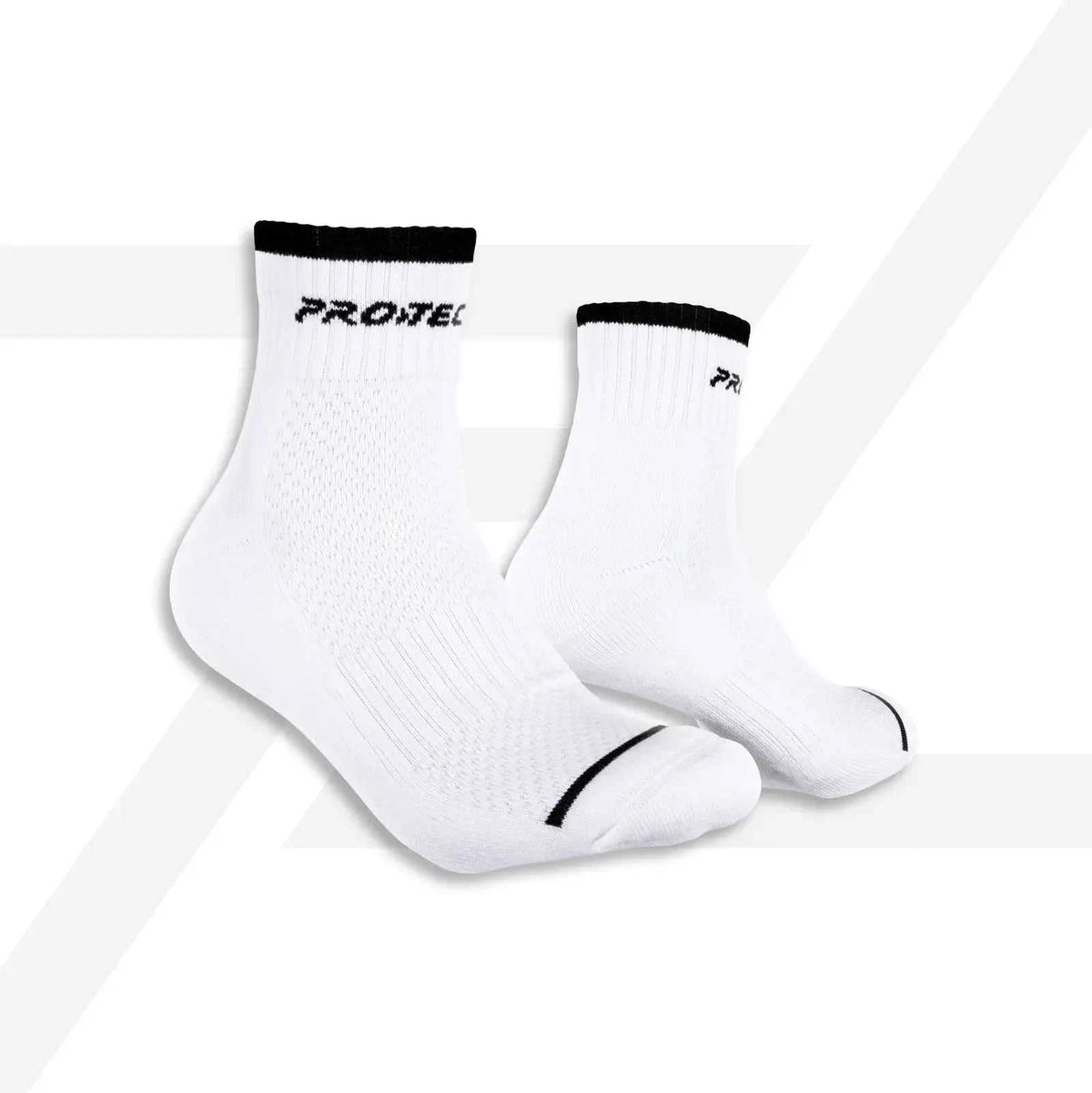 PROTECH Cotton Quarter sport socks in white knit fabric with black ribbed cuffs, logo, and toe accents