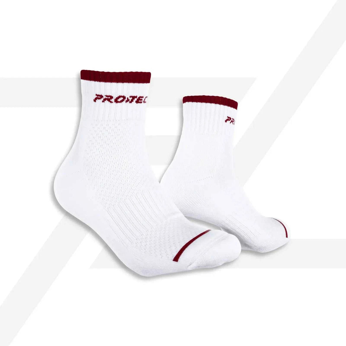 PROTECH Cotton Quarter sport socks in white with burgundy ribbed cuffs, logo and curved accent details