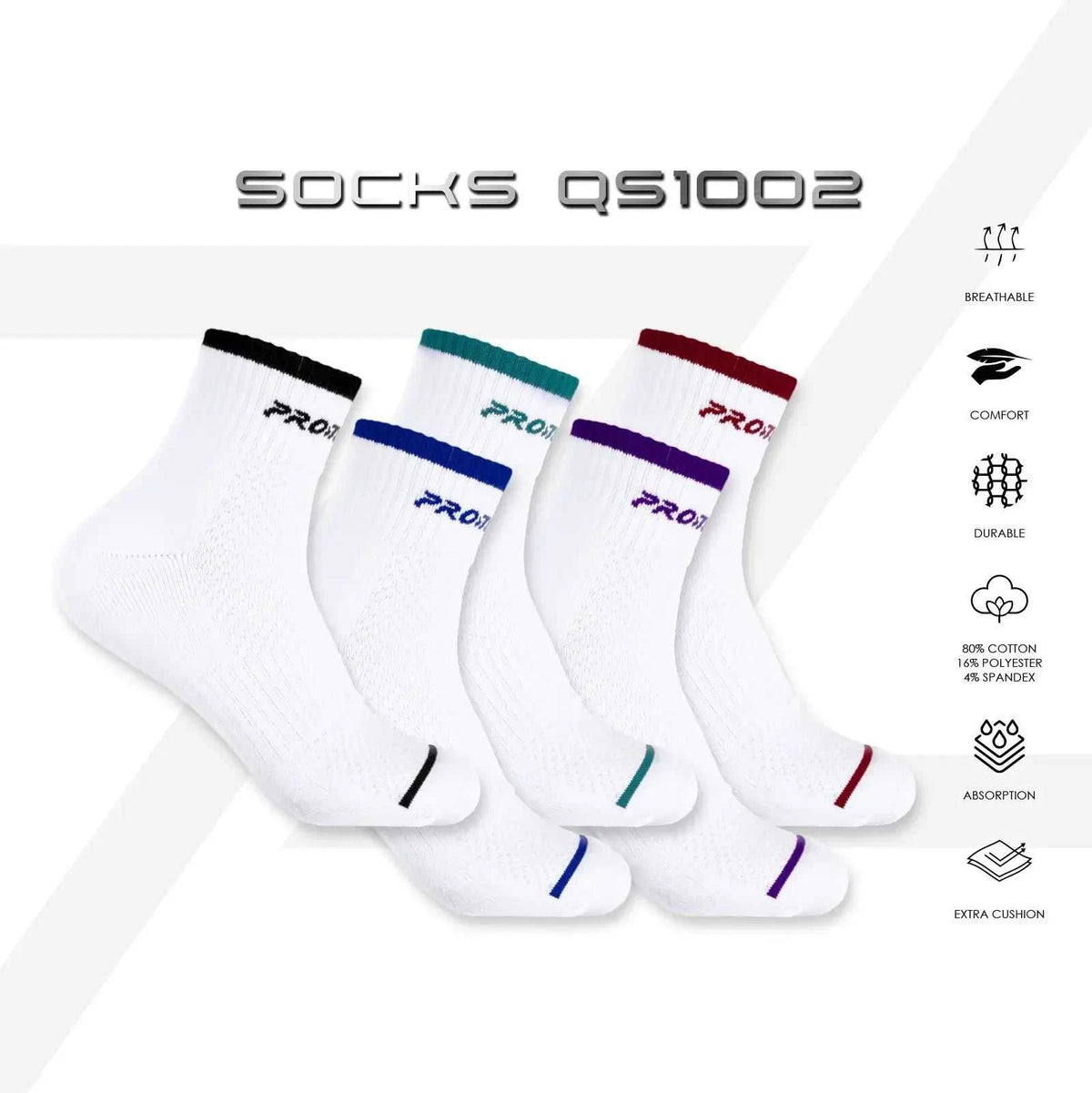 PROTECH Cotton Quarter sport socks in white cotton with black, teal, blue, purple and red accents and cushioned soles