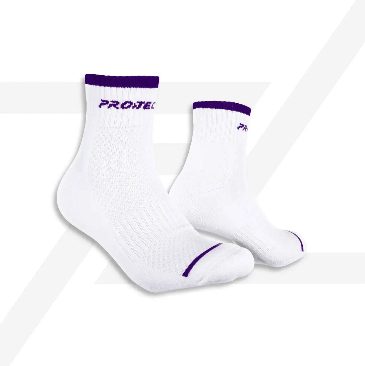PROTECH Cotton Quarter sport socks in white knit with purple cuffs, logo, and curved purple toe accents.