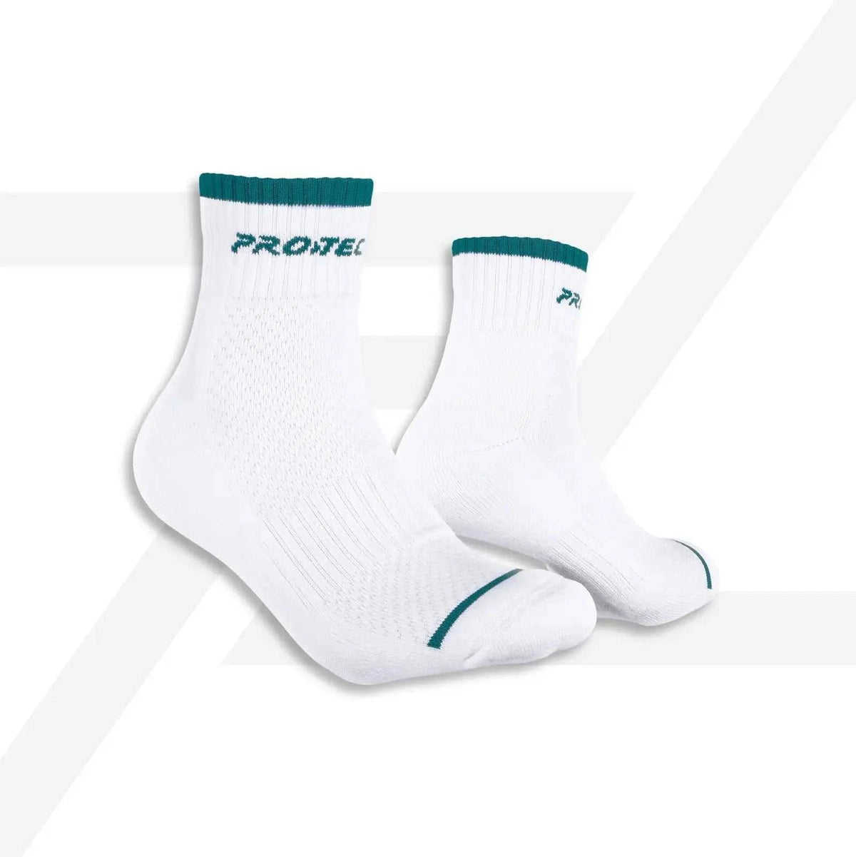 PROTECH Cotton Quarter sport socks in white with teal ribbed cuffs, logo accents and a breathable textured knit