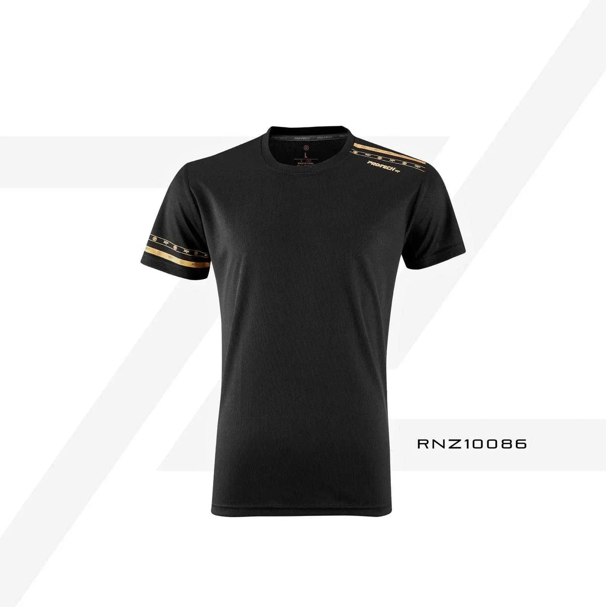 PROTECH Dry Fit black sports jersey in smooth polyester, with gold shoulder stripes and double sleeve bands.