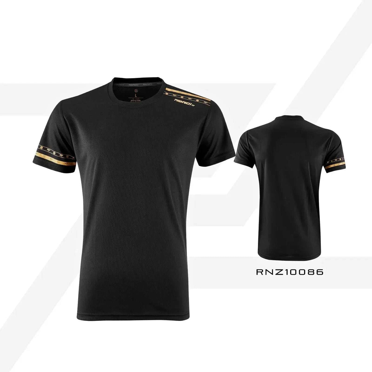 PROTECH Dry Fit training jersey in black polyester with gold shoulder and sleeve stripe accents and a plain back.
