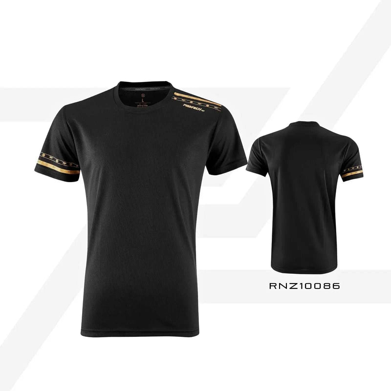 PROTECH Dry Fit training jersey in black polyester with gold shoulder and sleeve stripe accents and a plain back.