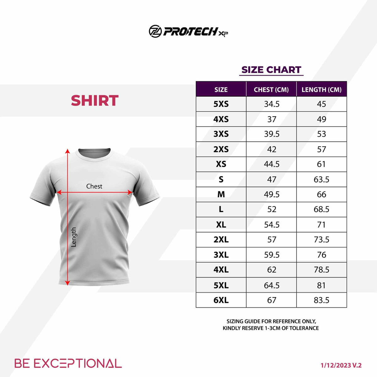 PROTECH Dry Fit shirt size chart featuring a plain grey short-sleeve crew-neck jersey with chest and length measurements
