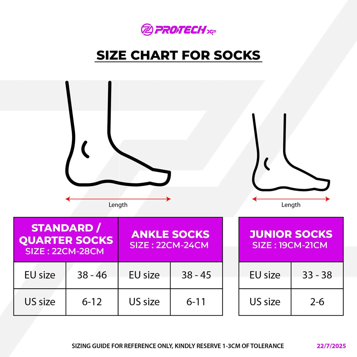 PROTECH JS1003 Junior size chart showing junior quarter socks in lengths 19–21 cm with EU and US size conversions