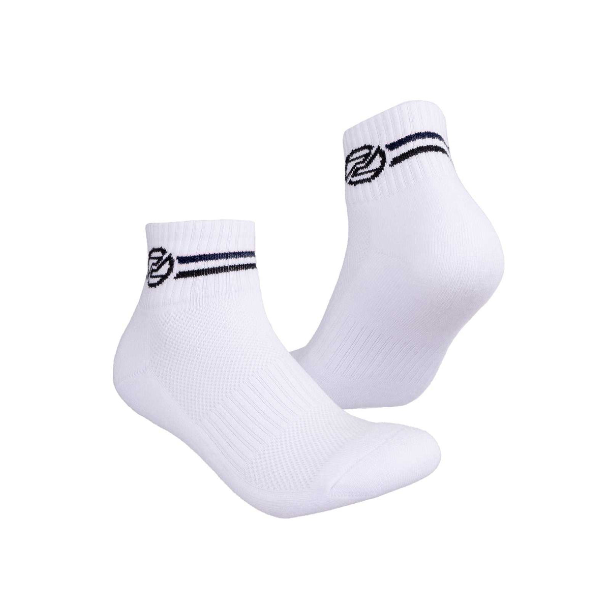 PROTECH JS1003 Junior badminton socks in white knit fabric with black logo and double-stripe cuff details