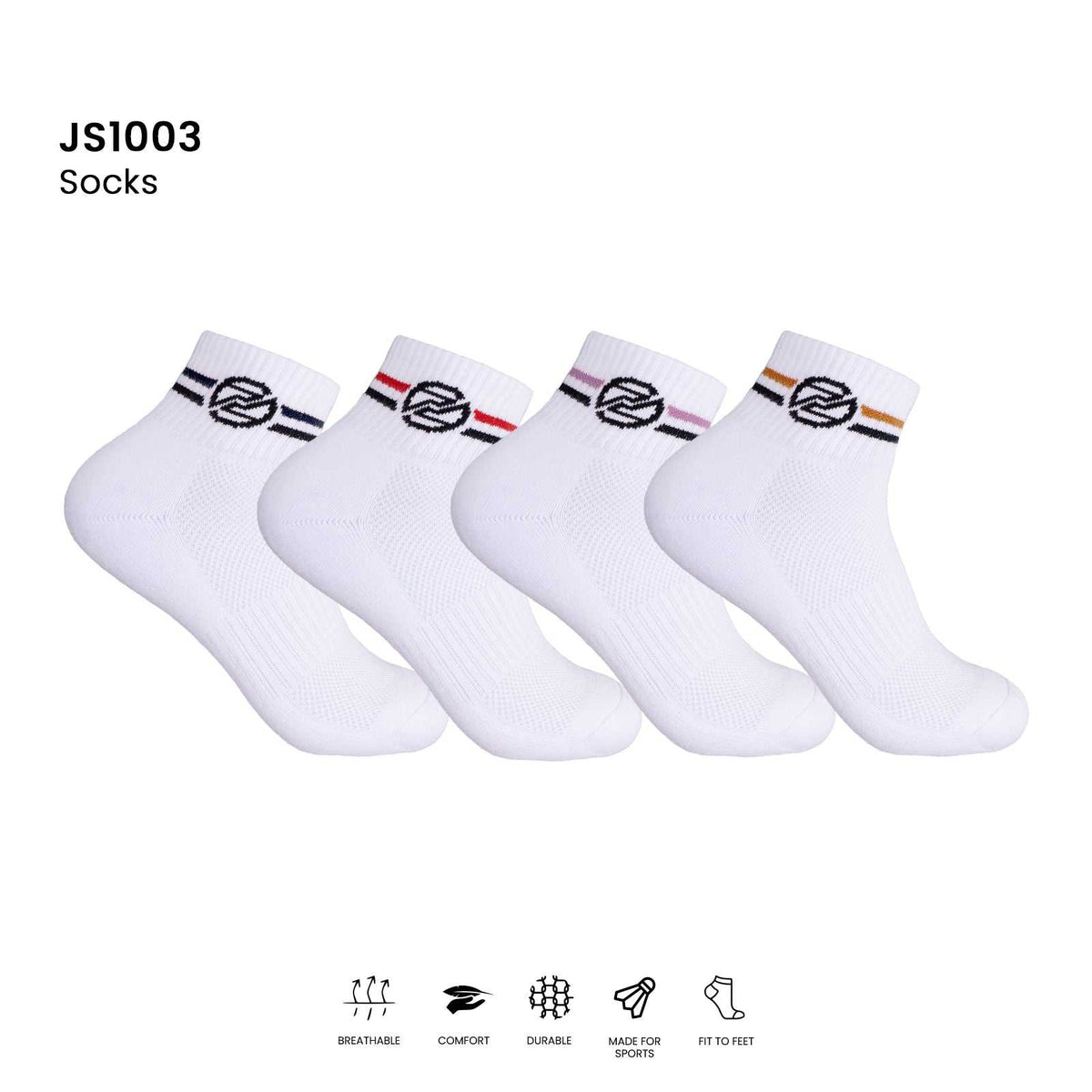 PROTECH JS1003 Junior badminton socks in white knit with black logos and contrasting black, red, pink and orange cuff stripes
