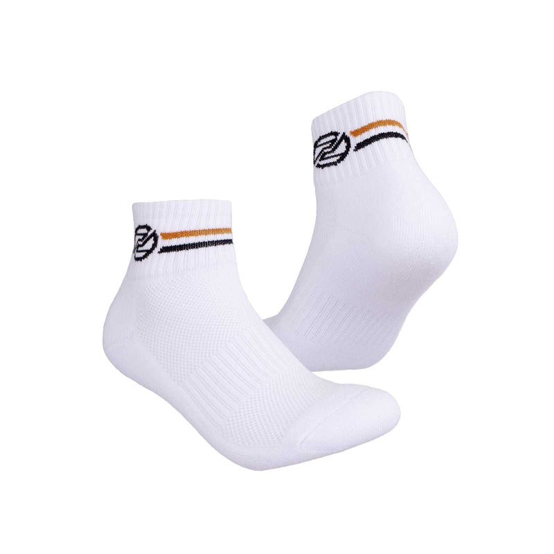 PROTECH JS1003 Junior badminton socks in white knit with black and orange ankle stripes and logo detail
