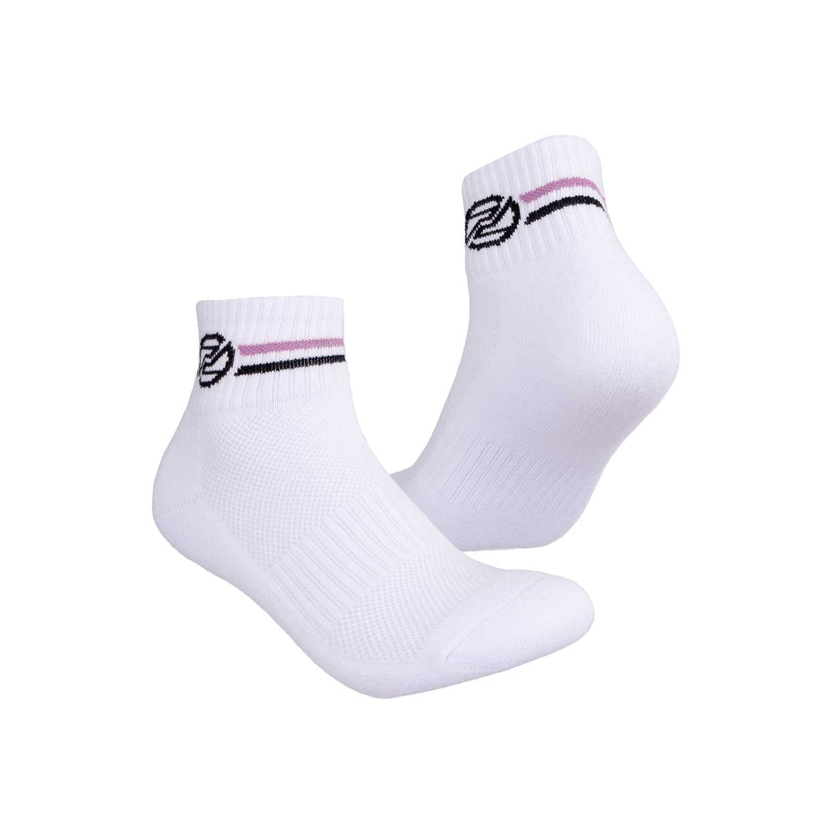 PROTECH JS1003 Junior badminton socks in white knit fabric with ribbed cuffs, pink and black stripes, and logo